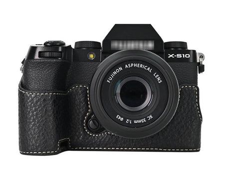 For Fujifilm X-S10 PU Leather Camera Half Case Vintage Litchi Pattern Protective Bottom Base With Magnetic Battery Access