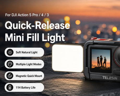 For DJI Action 5 Pro/4/3 TELESIN Quick-Release Mini Vlog Fill Light, IPX5 Waterproof Magnetic LED Video Light With 3 Color Temps, For DJI Action 5 Pro/4/3