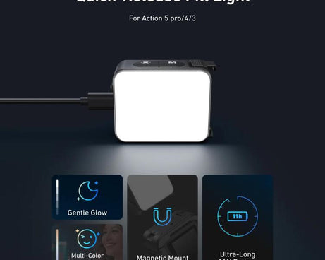 For DJI Action 5 Pro/4/3 TELESIN Quick-Release Mini Vlog Fill Light, IPX5 Waterproof Magnetic LED Video Light With 3 Color Temps, For DJI Action 5 Pro/4/3