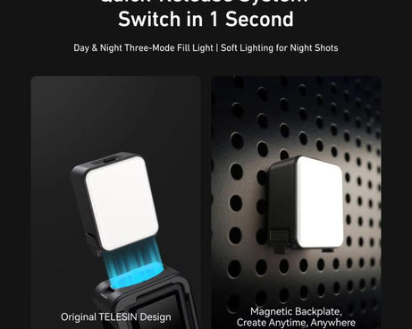 For DJI Action 5 Pro/4/3 TELESIN Quick-Release Mini Vlog Fill Light, IPX5 Waterproof Magnetic LED Video Light With 3 Color Temps, For DJI Action 5 Pro/4/3