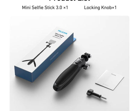 TELESIN Mini Selfie Stick Tripod 3.0 for Action Camera 18-46cm Extendable Aluminum Pole with 360-degree Ball Head, S1-MNP-16