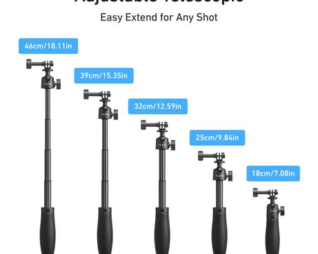 TELESIN Mini Selfie Stick Tripod 3.0 for Action Camera 18-46cm Extendable Aluminum Pole with 360-degree Ball Head, S1-MNP-16
