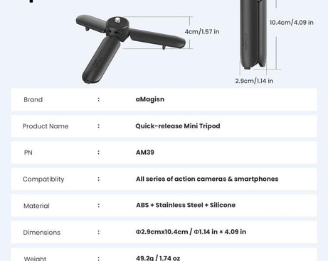 aMagisn One-Touch Open Mini Tripod 2-in-1 Pocket Handheld Grip with 1/4-inch Screw For Most Action Cameras