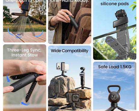 aMagisn One-Touch Open Mini Tripod 2-in-1 Pocket Handheld Grip with 1/4-inch Screw For Most Action Cameras