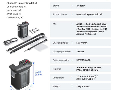 aMagisn Bluetooth Xplorer Grip Kit, For Insta360 Ace Pro 2 / Ace Pro / X5, For Insta360 GO Ultra