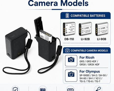 3-in-1 Battery Charger Case For Ricoh GR3 GR3X DB-110 & Olympus LI-92B