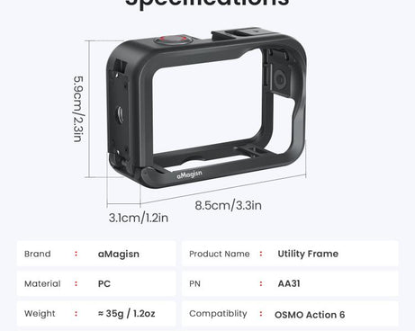For DJI OSMO Action 6 aMagisn Utility Frame Protective Camera Cage with Cold Shoe Mount & 1/4inch Threaded Hole