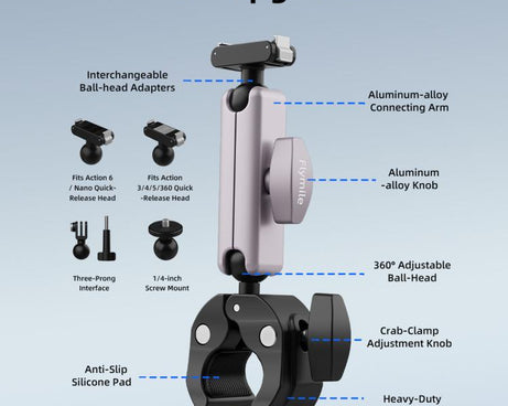 Flymile Camera Motorcycle Bicycle Riding Extension Bracket, For DJI Osmo Action 3 / 4 / 5 Pro, For DJI Osmo Action 6 / Nano