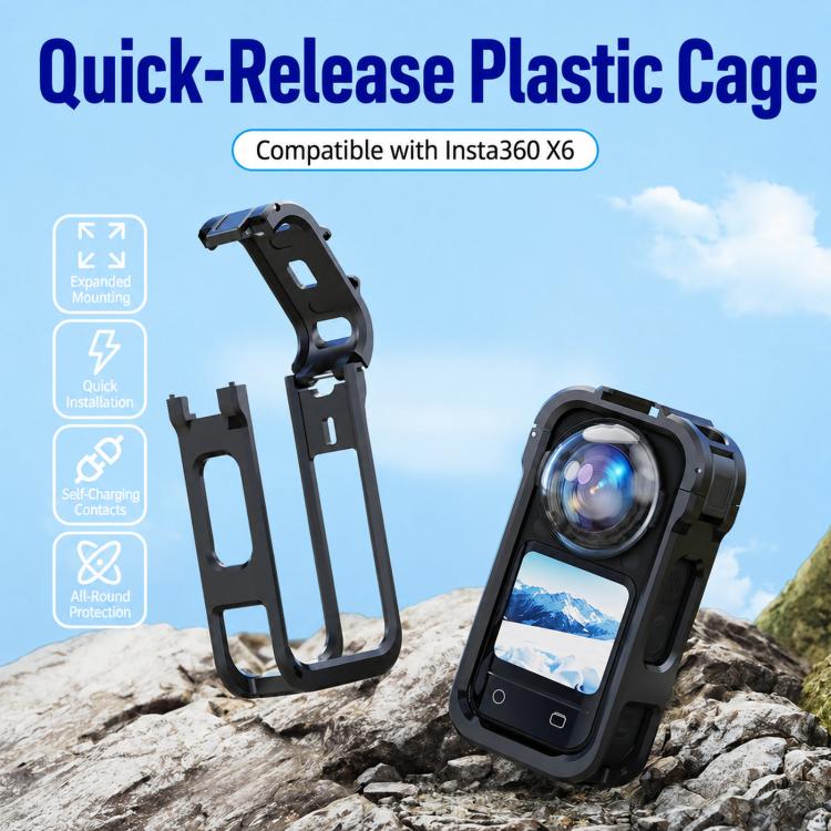 For Insta360 X6 PC Magnetic Quick-Release Frame Cage Protective Camera Housing With Cold Shoe, PC Material