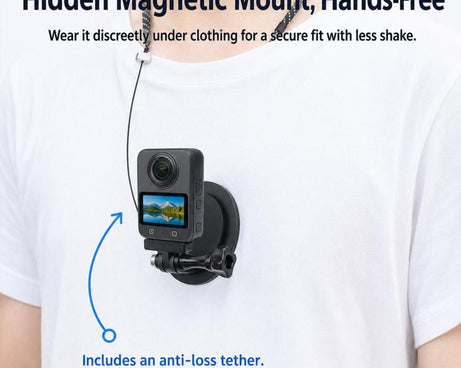 CQT Magnetic Neck Mount for Action Cameras Hands Free POV Quick Release Lanyard Holder, Single Bracket, With Adapter Set