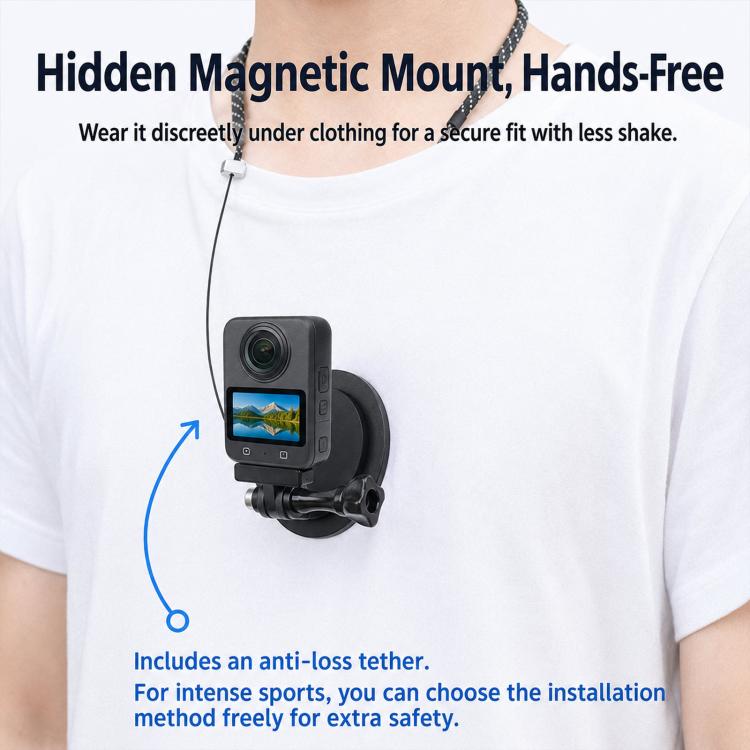 CQT Magnetic Neck Mount for Action Cameras Hands Free POV Quick Release Lanyard Holder, Single Bracket, With Adapter Set