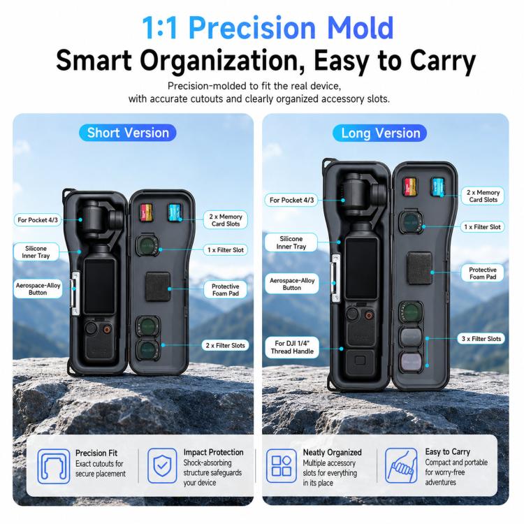 For DJI Osmo Pocket 4/3 LKTOP Hard Carrying Case Protective Storage Box with Wrist Strap, Short Black, Short Pink, Short Grey, Short Blue, Long Black, Long Pink, Long Grey, Long Blue