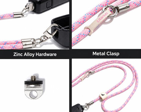 Cwatcun D232 Camera Lanyard 2 In 1 Crossbody Neck Strap Adjustable Wrist Rope With 1/4 Screw Quick Release Clasp, Small Pink, Small Light Gray, Medium Light Gray