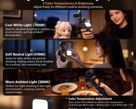 LKTOP Magnetic Fill Light For DJI Osmo Pocket 4 / 3 with 3 Color Modes 3000K-7000K, LKTOP