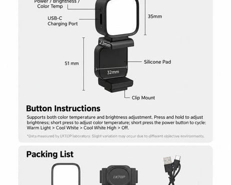 LKTOP Magnetic Fill Light For DJI Osmo Pocket 4 / 3 with 3 Color Modes 3000K-7000K, LKTOP