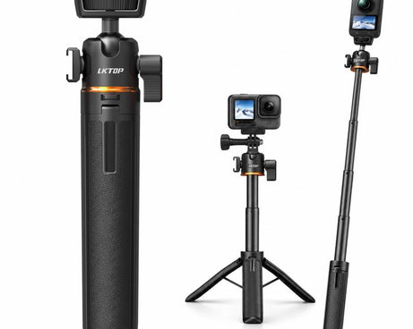 LKTOP 21-55cm Action Camera Selfie Stick Tripod Extendable Pole with 360-degree Ball Head, Cold Shoe