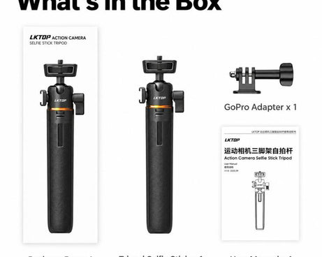 LKTOP 21-55cm Action Camera Selfie Stick Tripod Extendable Pole with 360-degree Ball Head, Cold Shoe
