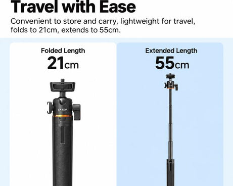 LKTOP 21-55cm Action Camera Selfie Stick Tripod Extendable Pole with 360-degree Ball Head, Cold Shoe