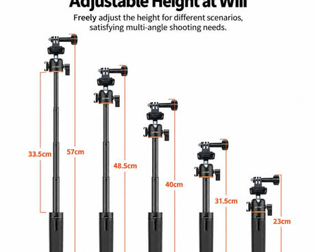 LKTOP 21-55cm Action Camera Selfie Stick Tripod Extendable Pole with 360-degree Ball Head, Cold Shoe