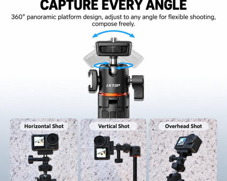 LKTOP 21-55cm Action Camera Selfie Stick Tripod Extendable Pole with 360-degree Ball Head, Cold Shoe