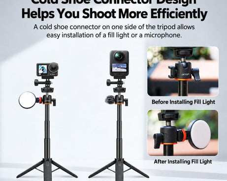 LKTOP 21-55cm Action Camera Selfie Stick Tripod Extendable Pole with 360-degree Ball Head, Cold Shoe