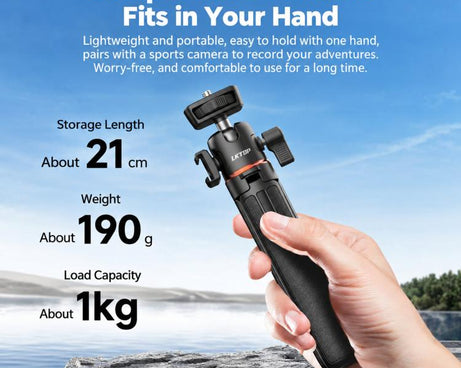 LKTOP 21-55cm Action Camera Selfie Stick Tripod Extendable Pole with 360-degree Ball Head, Cold Shoe