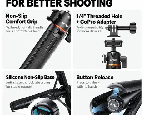 LKTOP 21-55cm Action Camera Selfie Stick Tripod Extendable Pole with 360-degree Ball Head, Cold Shoe