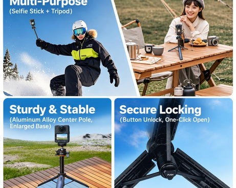 LKTOP 21-55cm Action Camera Selfie Stick Tripod Extendable Pole with 360-degree Ball Head, Cold Shoe