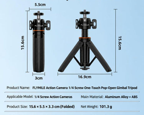Flymile One-Touch Pop-Out Tripod Selfie Stick Extension Pole For DJI, Insta360, GoPro, And Other Action Cameras