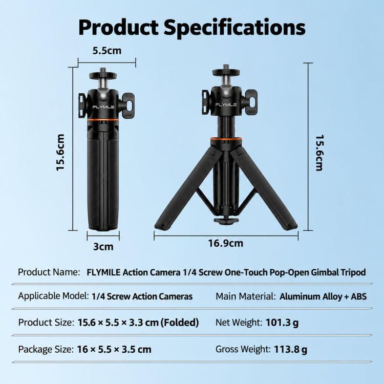 Flymile One-Touch Pop-Out Tripod Selfie Stick Extension Pole For DJI, Insta360, GoPro, And Other Action Cameras