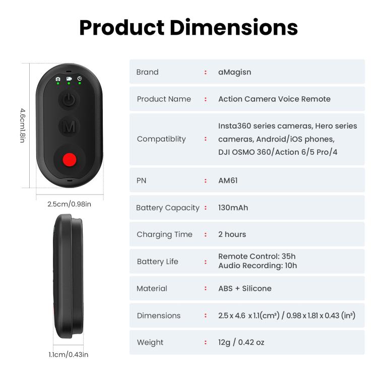 AMagisn AM61 Action Camera Voice Remote For Insta360 / GoPro HERO / DJI Series Cameras & Phones, AM61 Voice Remote