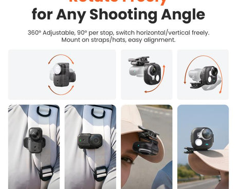aMagisn Multi-function Alligator Clip Mount 360-degree Rotating Backpack Strap Hat Visor Clamp Case, For Insta360 GO Ultra, For DJI Osmo Nano