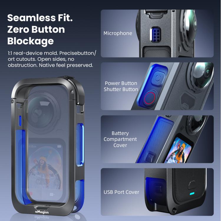 aMagisn Metal Camera Cage for Insta360 X6 Ultra-Lightweight Protective Frame with Flip-Lock Clasp