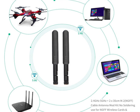 2 x 6dBi 2.4GHz 5GHz Dual Band WiFi RP-SMA Male Antenna + 2 x 35CM RP-SMA IPEX MHF4 Pigtail Cable for M.2 NGFF WiFi WLAN Card, 6dBi Antenna + RP-SMA Cable