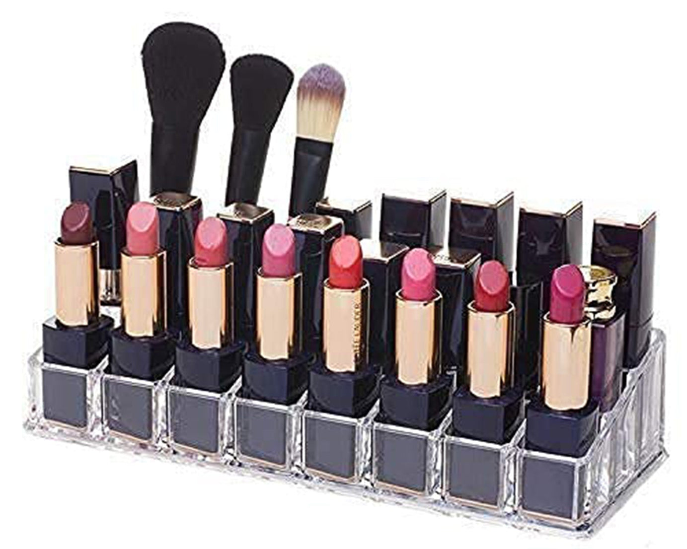 Acrylic lipstick and cosmetics stand with 24 sections, showcasing its clear and organized design