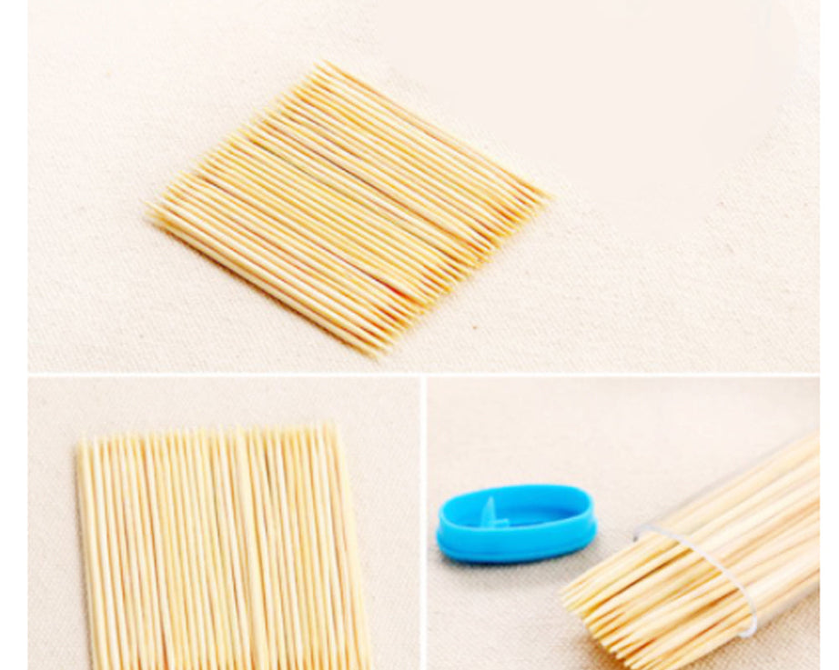 Toothpick dispenser box with eco-friendly bamboo sticks.