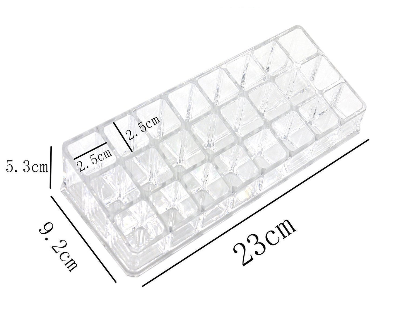 Acrylic lipstick and cosmetics organizer with multiple sections, displaying its functionality
