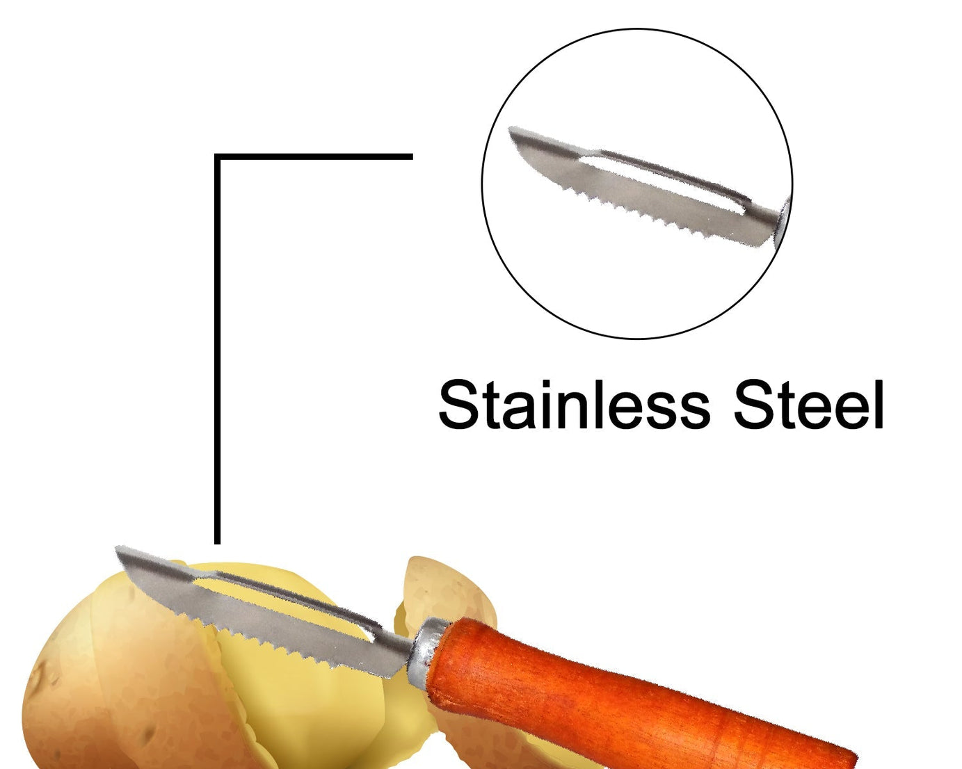 Stainless steel peeler for vegetables, wooden handle