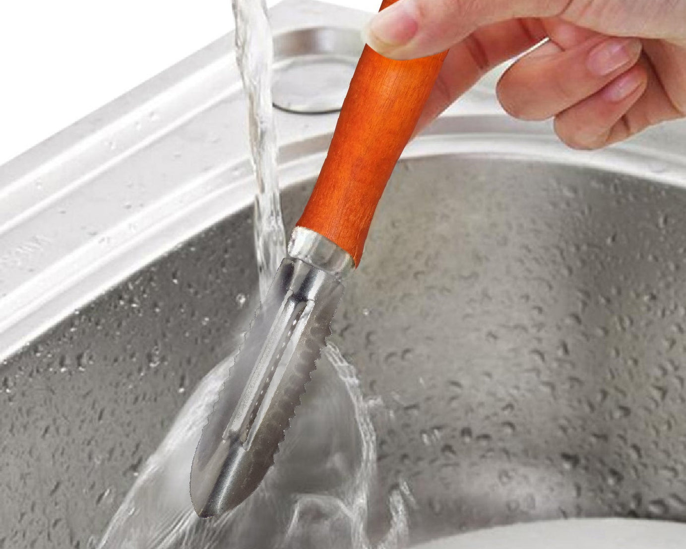 Easy-grip wooden handle vegetable peeler, stainless steel blade