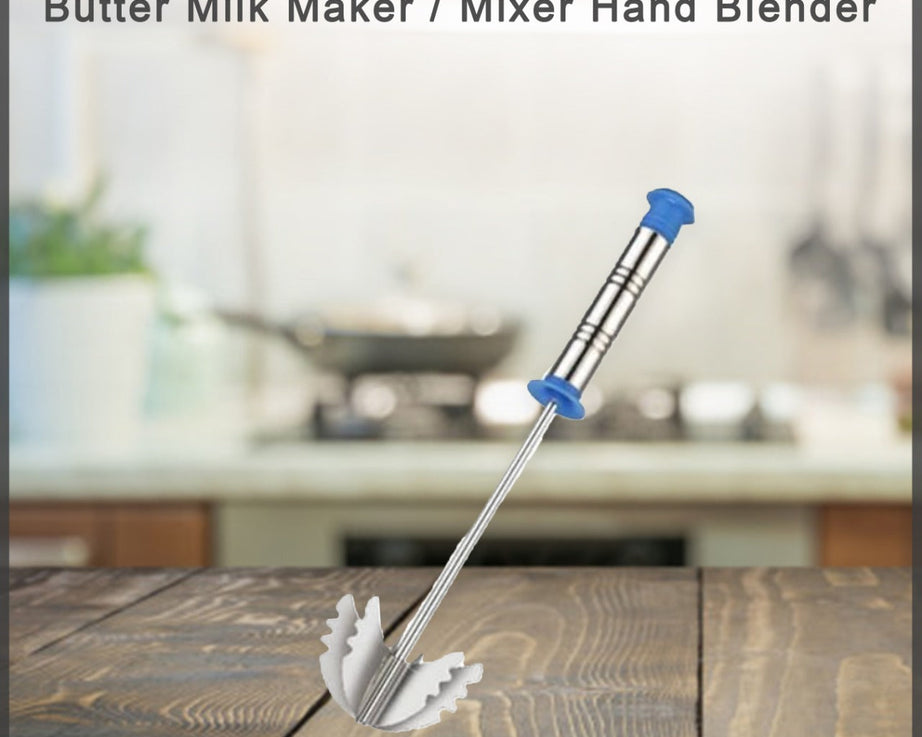 Hand blender with a comfortable grip for making lassi and other drinks.