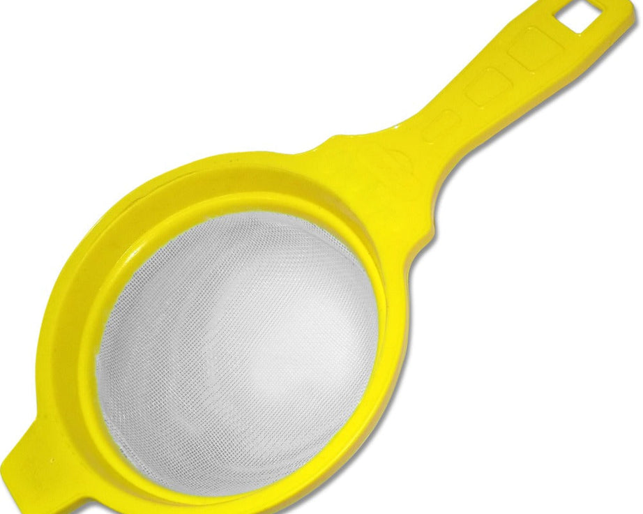 Juice strainer set in multiple colors, ideal for kitchen use.