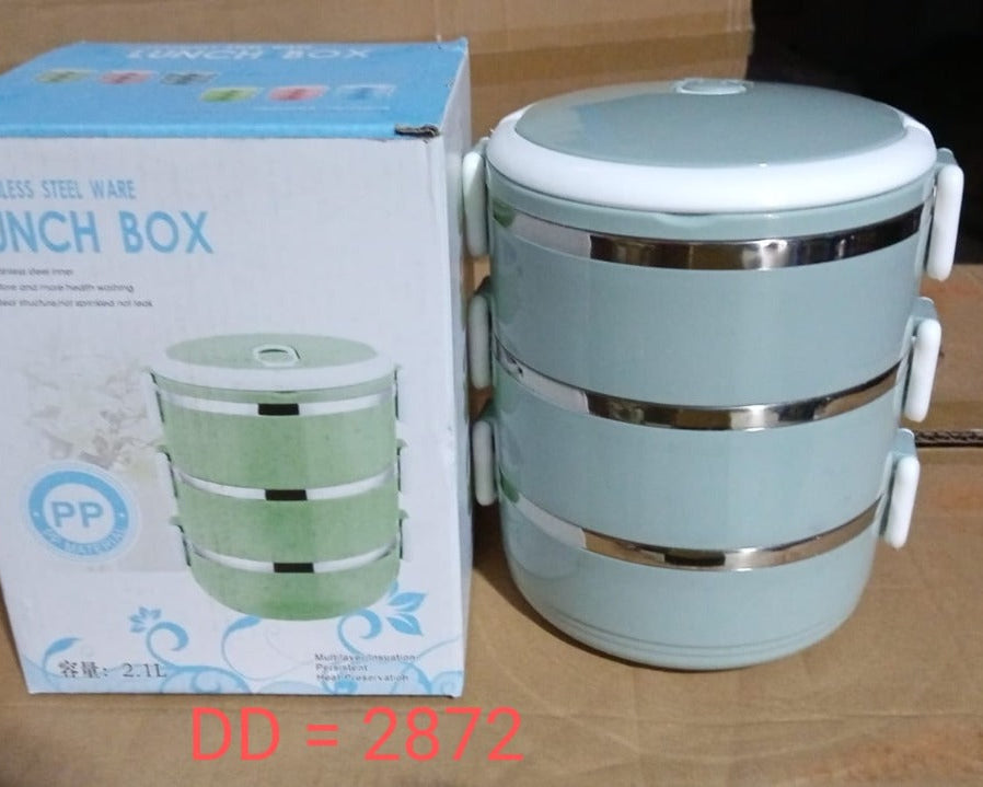 Multi-layer stainless steel lunch box with three sections.