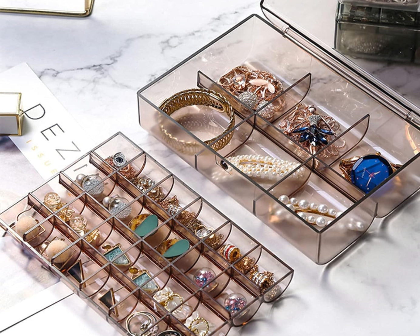 2 layer Acrylic Jewelry Storage Box Dustproof Earring Box, Storage Box Portable Nail Art Storage Case, 24-Grid Small and 6-Grid Big case Makeup Vanity Box (1 Pc / 30 Compartment)