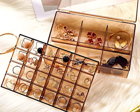 2 layer Acrylic Jewelry Storage Box Dustproof Earring Box, Storage Box Portable Nail Art Storage Case, 24-Grid Small and 6-Grid Big case Makeup Vanity Box (1 Pc / 30 Compartment)