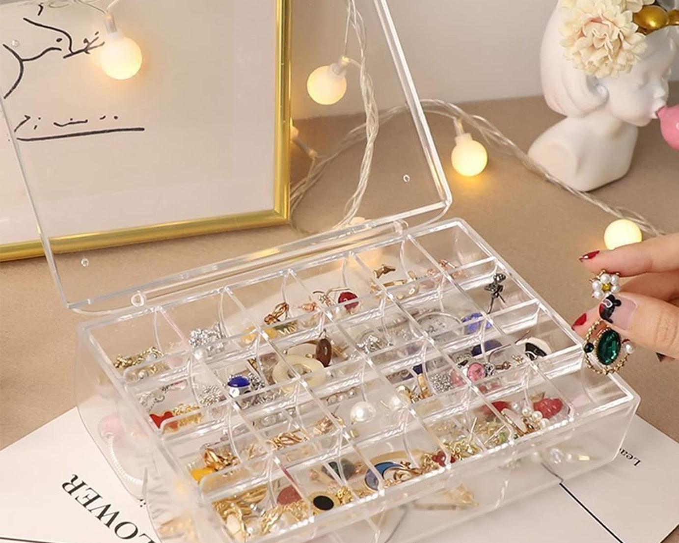 2 layer Acrylic Jewelry Storage Box Dustproof Earring Box, Storage Box Portable Nail Art Storage Case, 24-Grid Small and 6-Grid Big case Makeup Vanity Box (1 Pc / 30 Compartment)