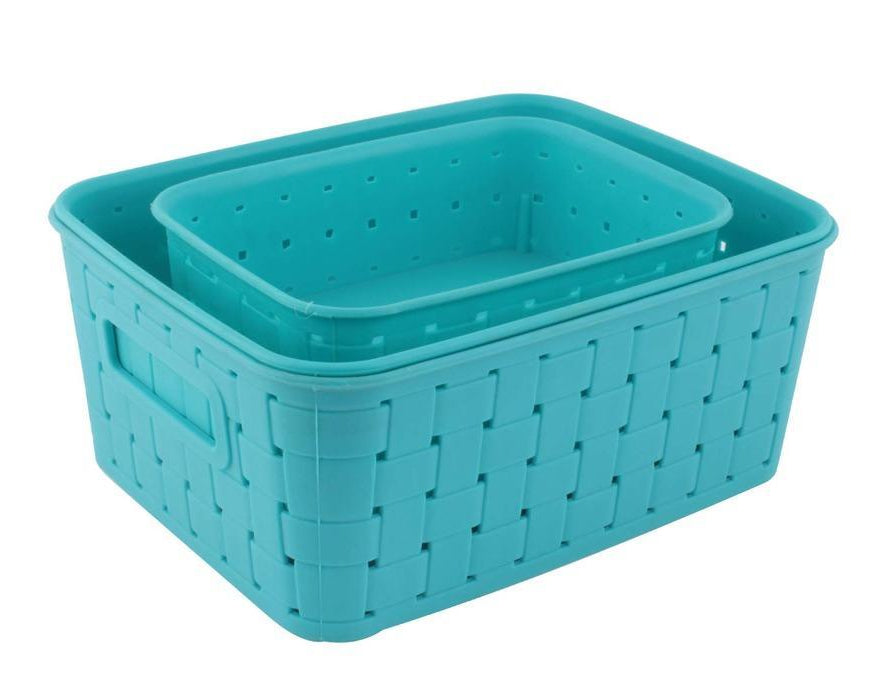 Set of 3 sky blue smart storage baskets.