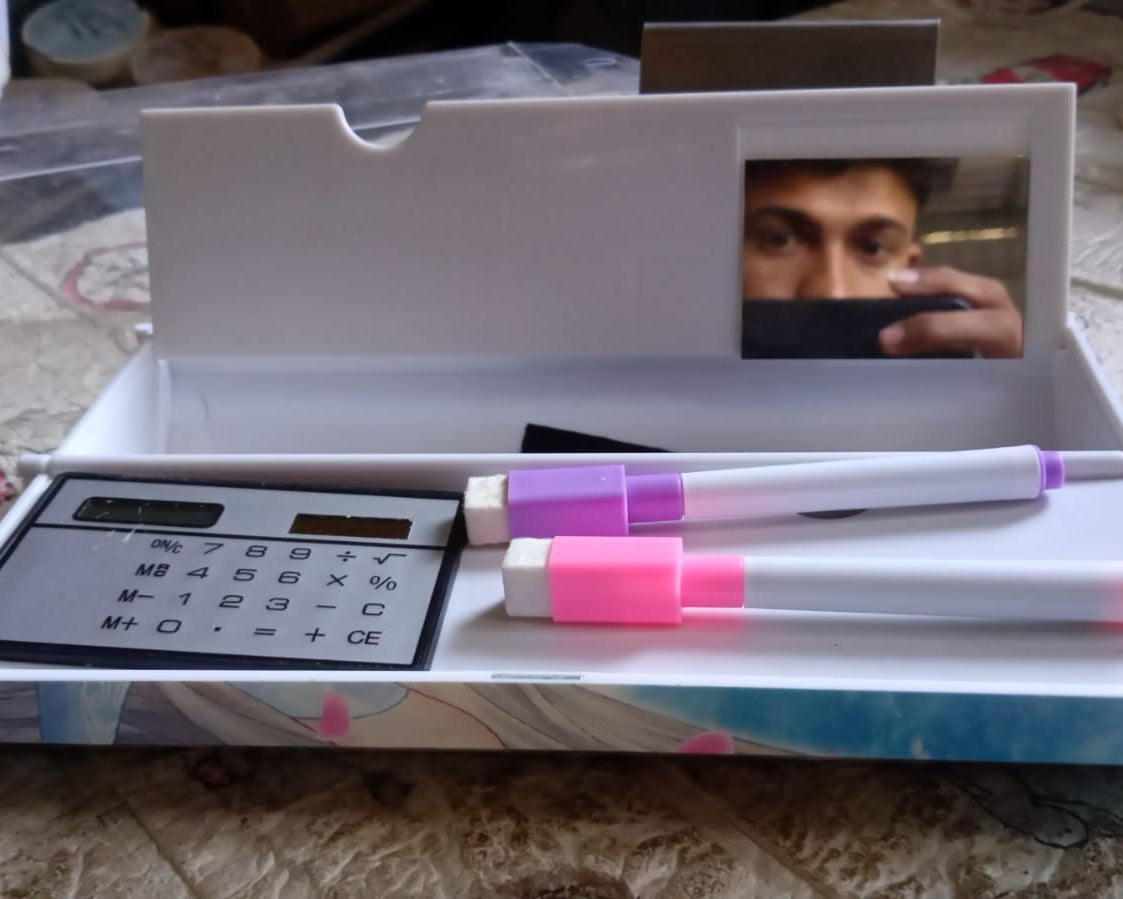 12 in 1 Compass Box, Geometry Box 2 Compartment, Pencil Box with 1 Calculator, 1 Mirror, Pen Refill 2 Black, 2 Blue, 2 Red, 2 Marker for Boys Art Plastic Pencil Box for Girls and Boys