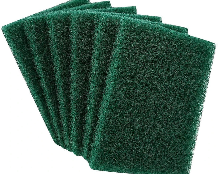 Pack of 6 aqua green scrub sponges for kitchen cleaning.