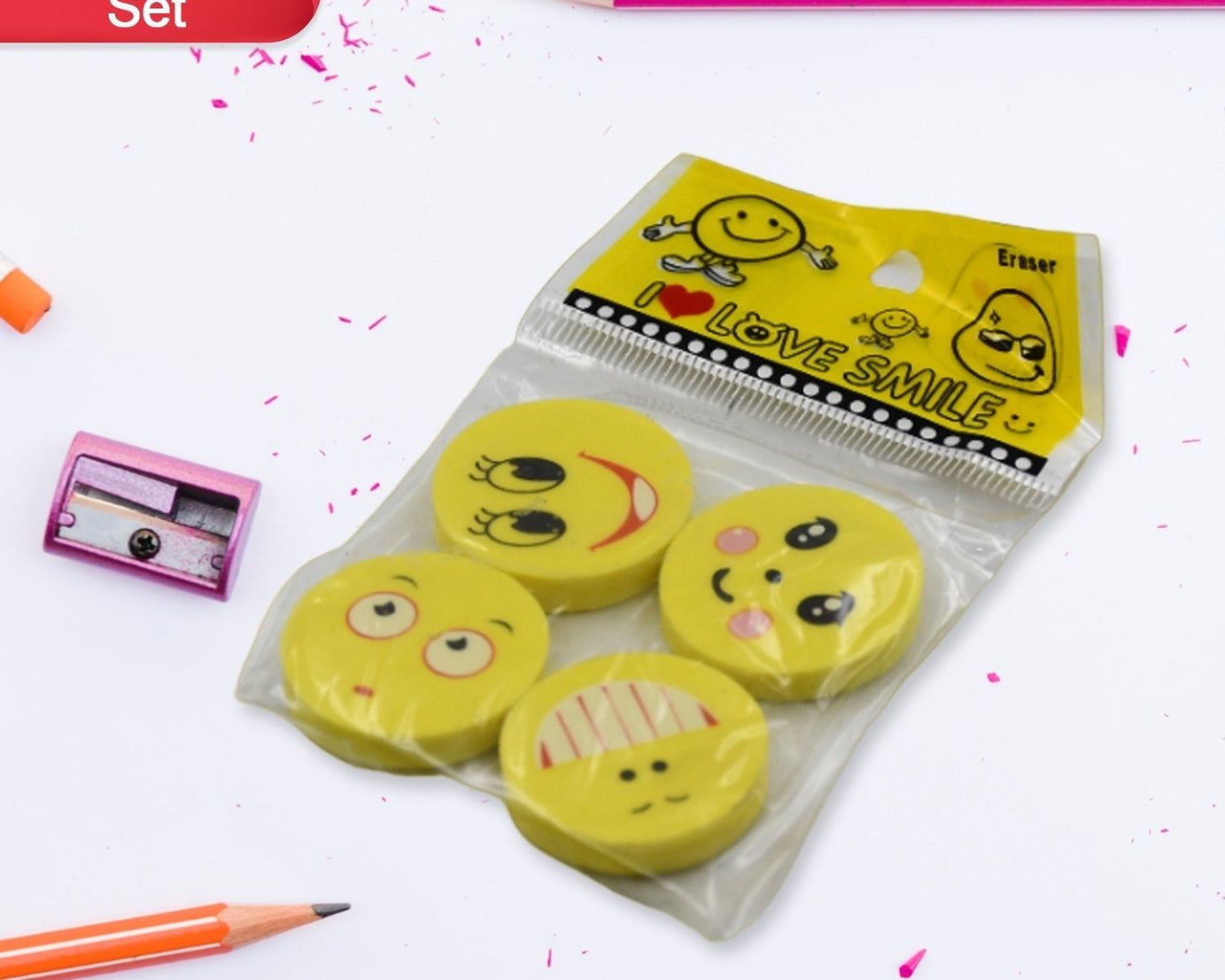 Cute Smile Emoji Erasers, Cute Smile Face Rubber Eraser Dentist Dental Clinic School Kid for School Going Kids/Birthday Party Return Gift Set (4pc Set)