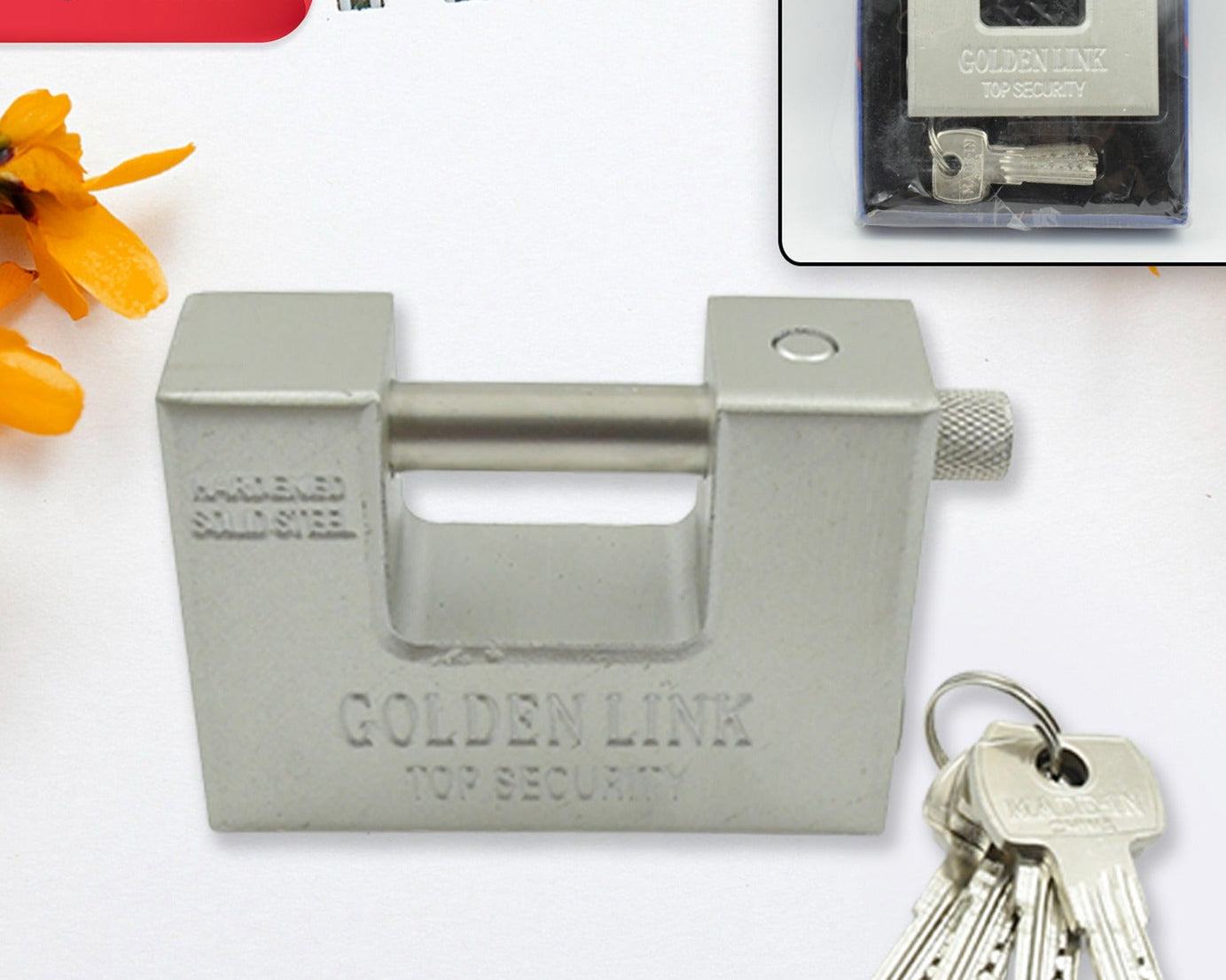 9323 Stainless Steel Padlock | Rectangular Shape | Hardened Steel | High Resistance With 5 Keys, Door Lock for Home Dormitory, Waterproof Antirust Anti-theft Padlocks Outdoor Gate Shed Locks Warehouse Big Door Drawer Lock (94 MM)